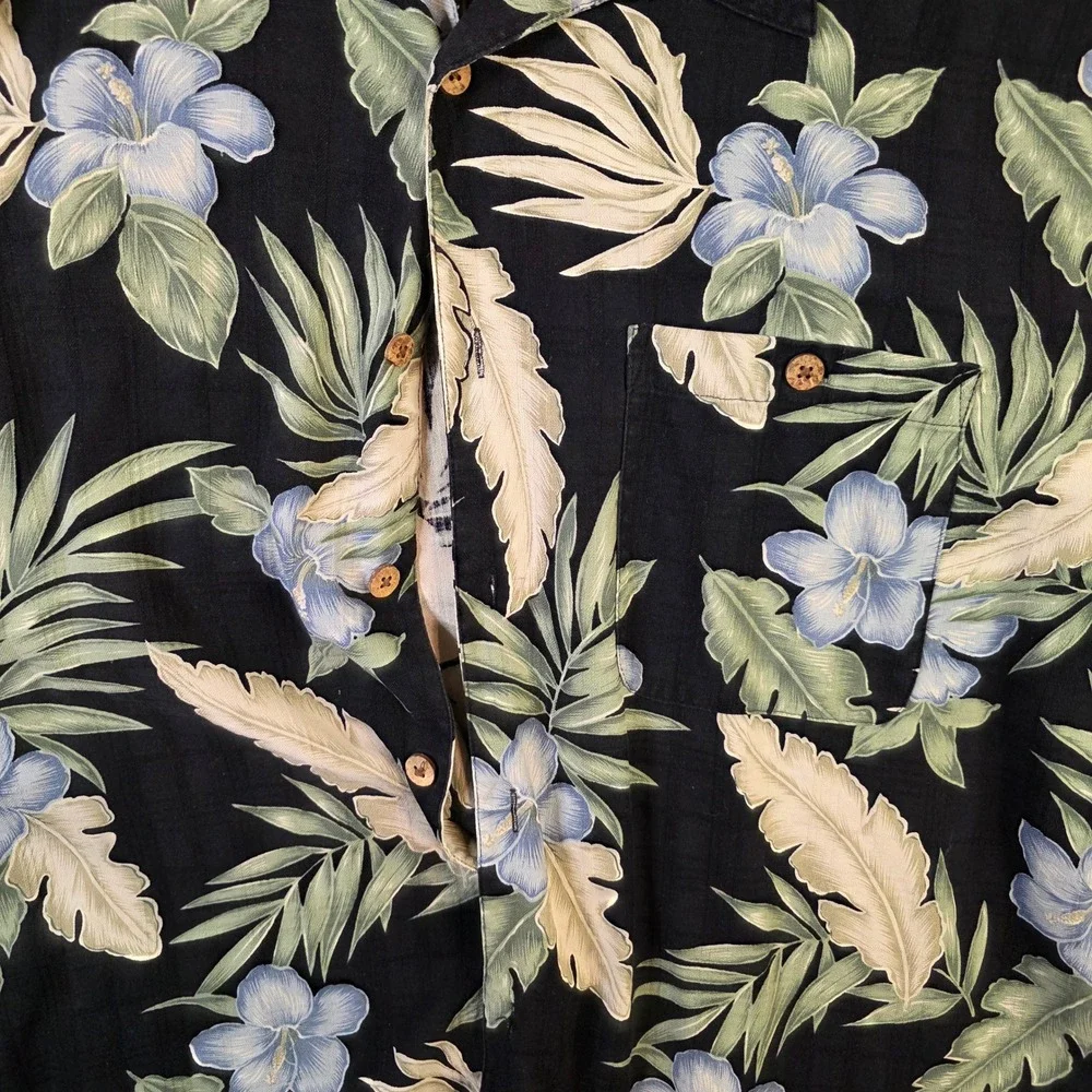 Banana‎ Cabana Hawaiian Shirt Mens XXL 100% Silk Black Floral Aloha Short Sleeve - Picture 2 of 8